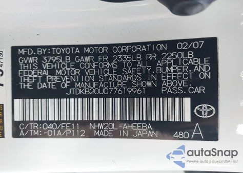 2007 Toyota Prius from USA, damaged, VIN JTDKB20U077619961